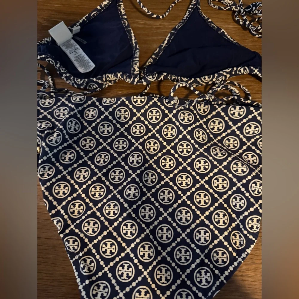 Tory Burch Navy and White Logo-Print Bikini Set